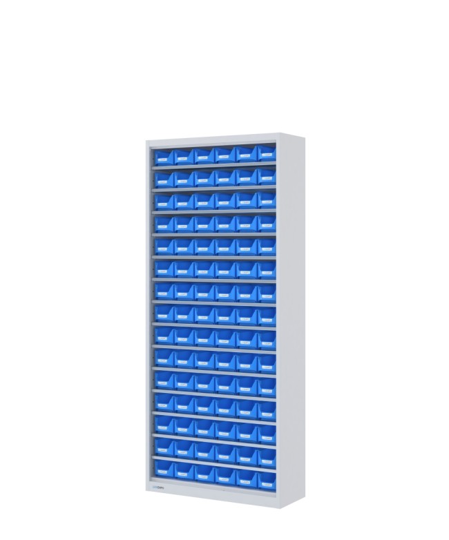 ARMADIO con 90 CONTENITORI a bocca di lupo, aperto senza ante