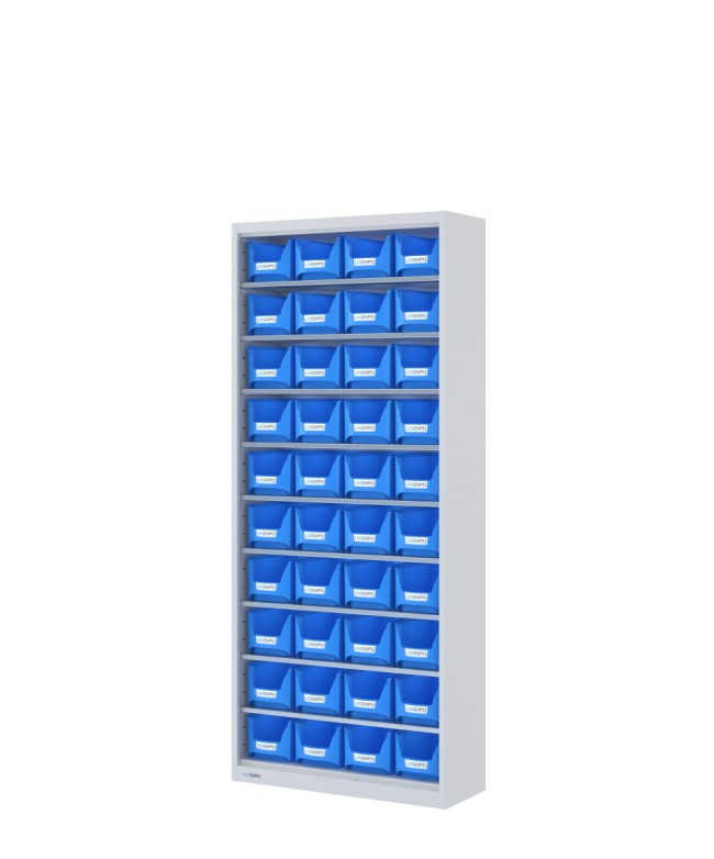 ARMADIO con 40 CONTENITORI a bocca di lupo, aperto senza ante