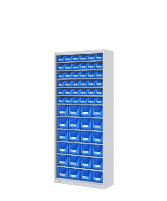 ARMADIO con 60 CONTENITORI a bocca di lupo, aperto senza ante