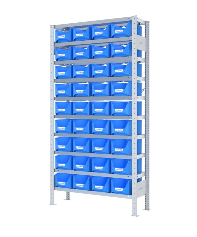 SCAFFALE PORTA CONTENITORI – 10 Ripiani – 36 Contenitori bocca di lupo
