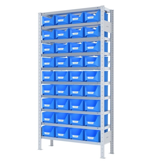 SCAFFALE PORTA CONTENITORI – 10 Ripiani – 36 Contenitori bocca di lupo