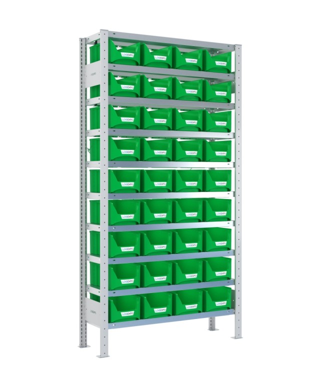 SCAFFALE PORTA CONTENITORI – 10 Ripiani – 36 Contenitori bocca di lupo