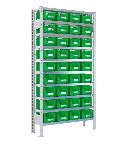 SCAFFALE PORTA CONTENITORI – 10 Ripiani – 36 Contenitori bocca di lupo