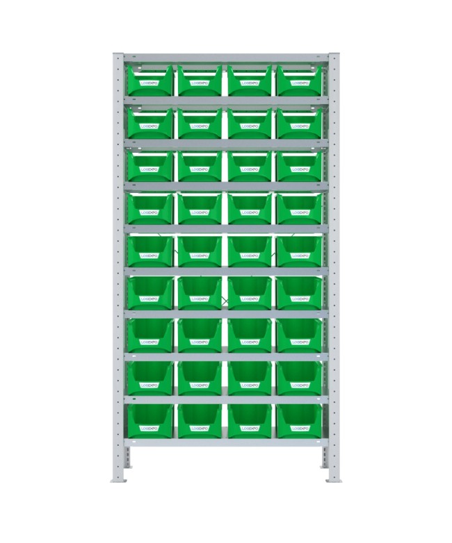 SCAFFALE PORTA CONTENITORI – 10 Ripiani – 36 Contenitori bocca di lupo