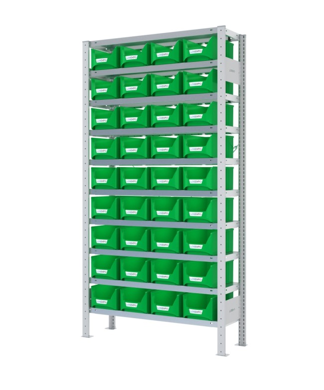 SCAFFALE PORTA CONTENITORI – 10 Ripiani – 36 Contenitori bocca di lupo