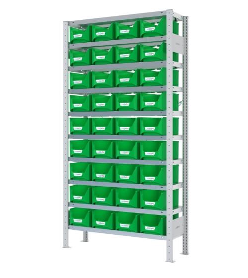 SCAFFALE PORTA CONTENITORI – 10 Ripiani – 36 Contenitori bocca di lupo