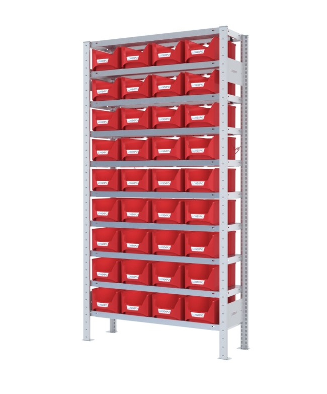 SCAFFALE PORTA CONTENITORI – 10 Ripiani – 36 Contenitori bocca di lupo