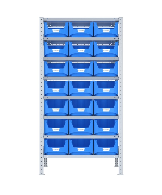 SCAFFALE CON CONTENITORI – 8 Ripiani – 21 Contenitori bocca di lupo