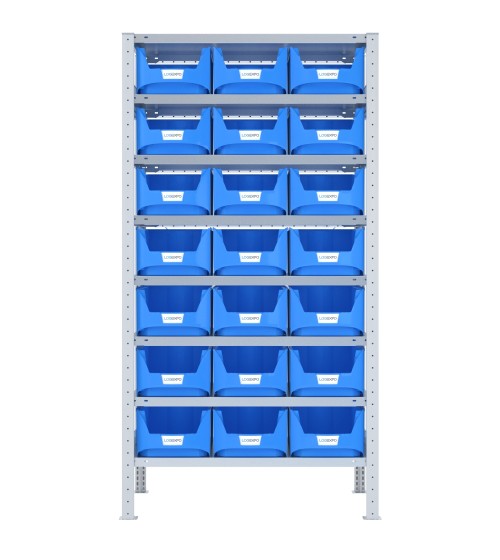 SCAFFALE CON CONTENITORI – 8 Ripiani – 21 Contenitori bocca di lupo