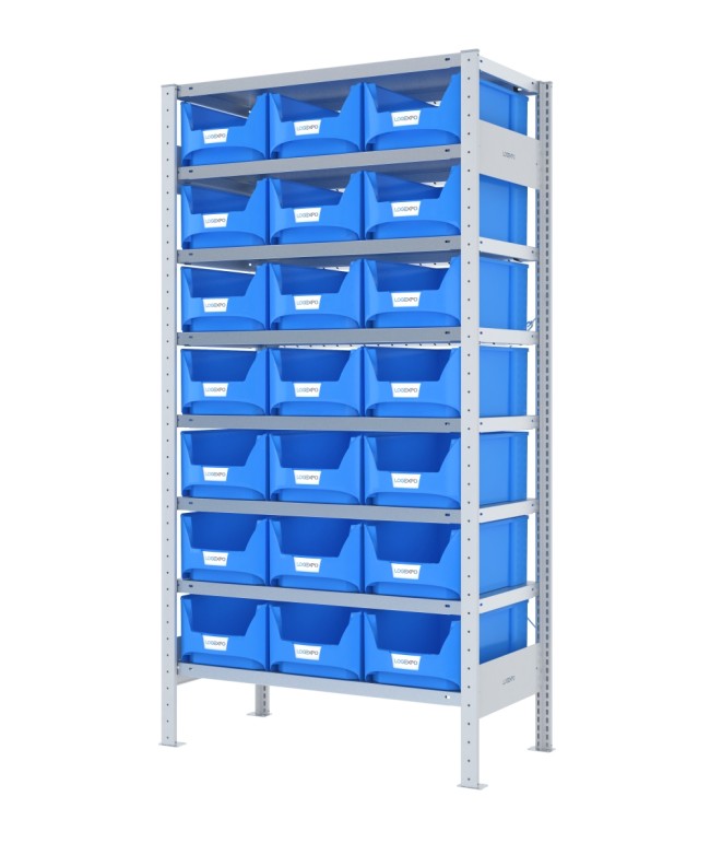 SCAFFALE CON CONTENITORI – 8 Ripiani – 21 Contenitori bocca di lupo