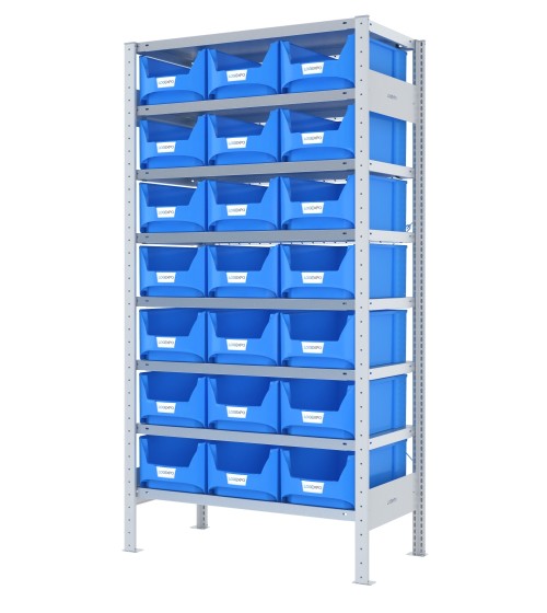 SCAFFALE CON CONTENITORI – 8 Ripiani – 21 Contenitori bocca di lupo