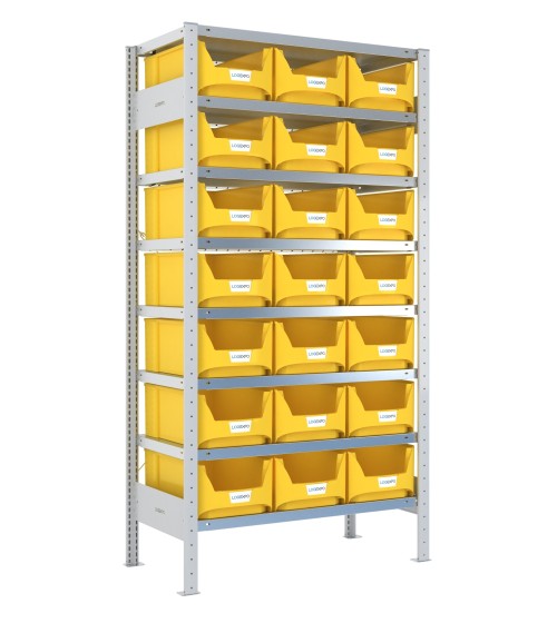 SCAFFALE CON CONTENITORI – 8 Ripiani – 21 Contenitori bocca di lupo