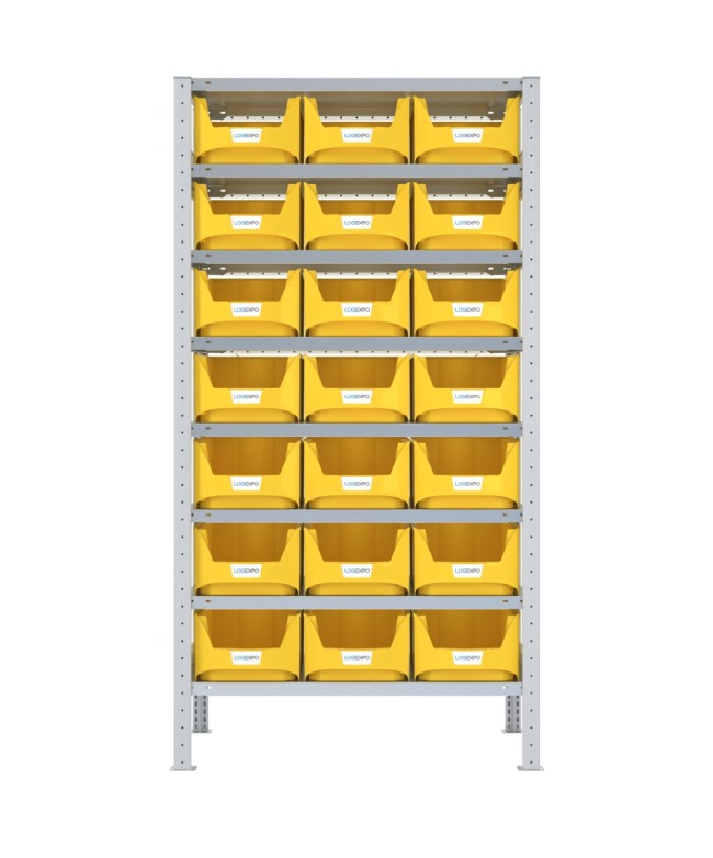 SCAFFALE CON CONTENITORI – 8 Ripiani – 21 Contenitori bocca di lupo