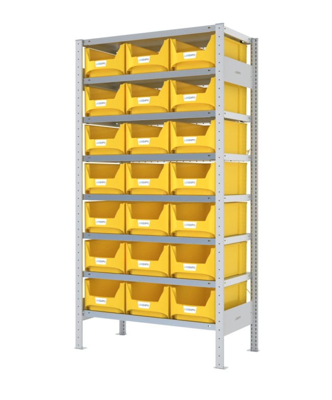 SCAFFALE CON CONTENITORI – 8 Ripiani – 21 Contenitori bocca di lupo