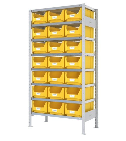 SCAFFALE CON CONTENITORI – 8 Ripiani – 21 Contenitori bocca di lupo