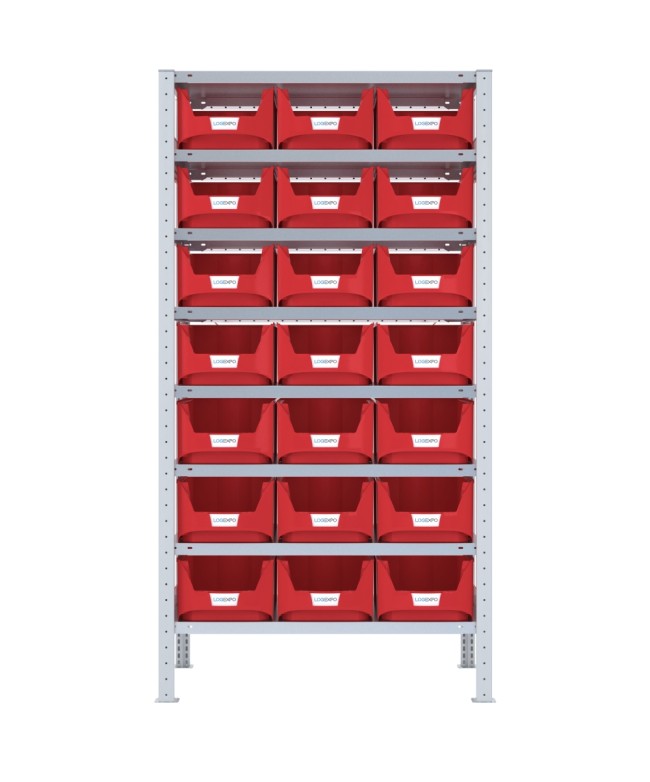 SCAFFALE CON CONTENITORI – 8 Ripiani – 21 Contenitori bocca di lupo