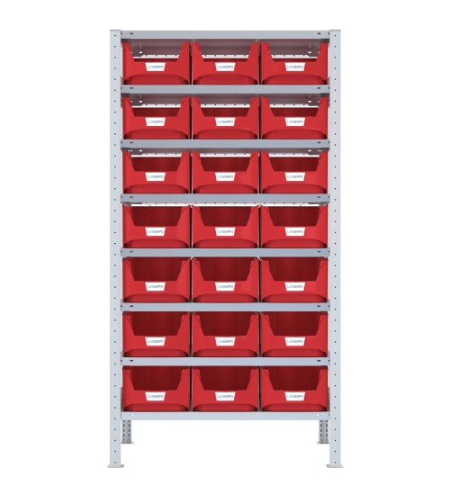 SCAFFALE CON CONTENITORI – 8 Ripiani – 21 Contenitori bocca di lupo