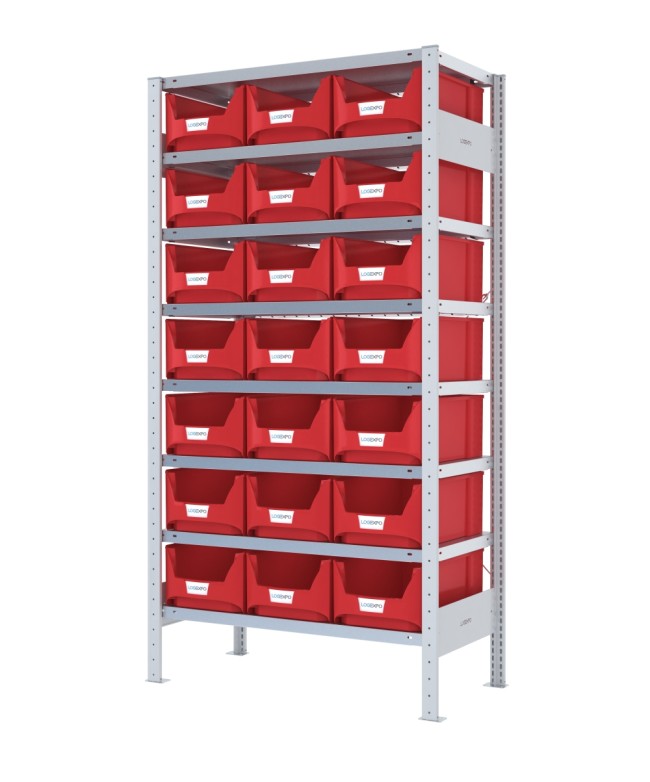 SCAFFALE CON CONTENITORI – 8 Ripiani – 21 Contenitori bocca di lupo