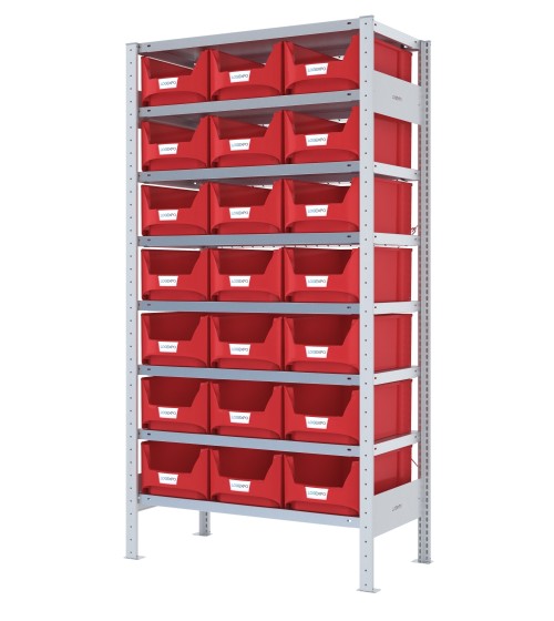 SCAFFALE CON CONTENITORI – 8 Ripiani – 21 Contenitori bocca di lupo