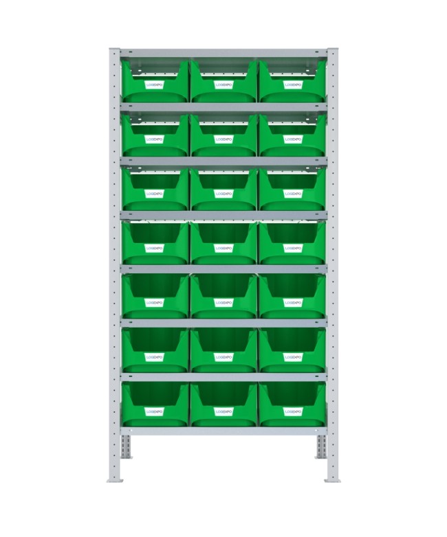 SCAFFALE CON CONTENITORI – 8 Ripiani – 21 Contenitori bocca di lupo