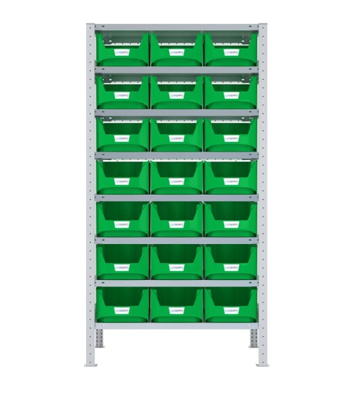 SCAFFALE CON CONTENITORI – 8 Ripiani – 21 Contenitori bocca di lupo