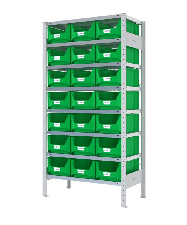 SCAFFALE CON CONTENITORI – 8 Ripiani – 21 Contenitori bocca di lupo