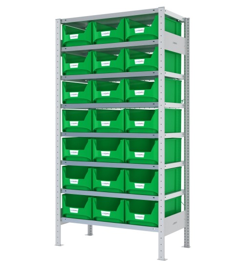 SCAFFALE CON CONTENITORI – 8 Ripiani – 21 Contenitori bocca di lupo