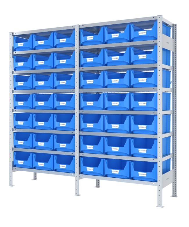 SCAFFALATURA CON CONTENITORI – 16 Ripiani – 42 Contenitori bocca di lupo