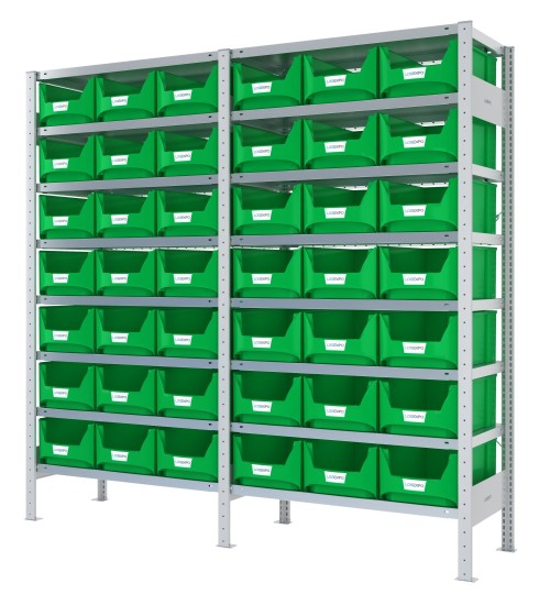 SCAFFALATURA CON CONTENITORI – 16 Ripiani – 42 Contenitori bocca di lupo