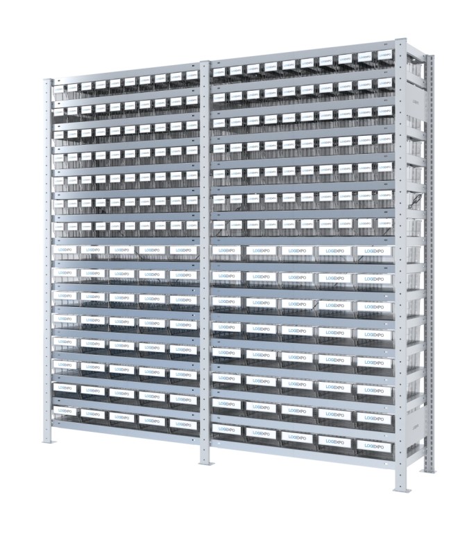 SCAFFALATURA DOPPIA CON CONTENITORI TRASPARENTI - 220 Cassette estraibili