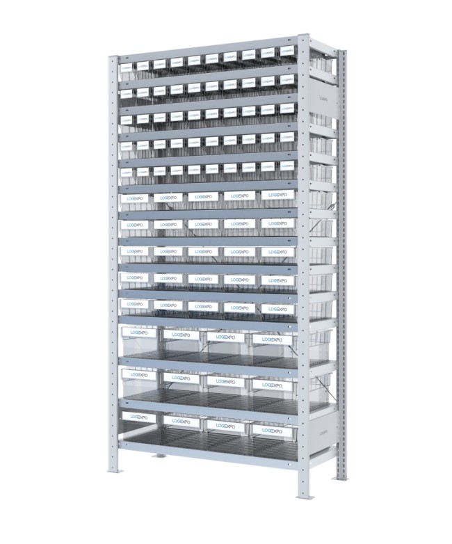 SCAFFALE CON CONTENITORI TRASPARENTI - 87 Cassette estraibili