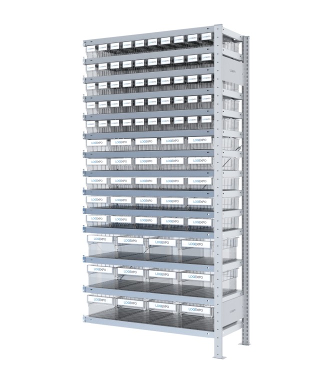 SCAFFALE AGGIUNTIVO CON CONTENITORI TRASPARENTI - 87 Cassette estraibili