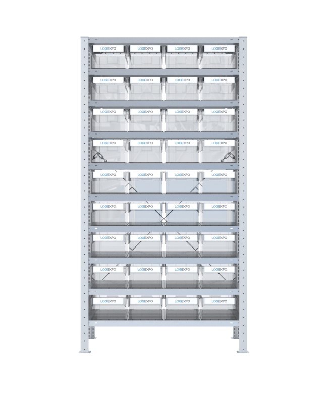 SCAFFALE CON CONTENITORI TRASPARENTI - 36 Cassette estraibili