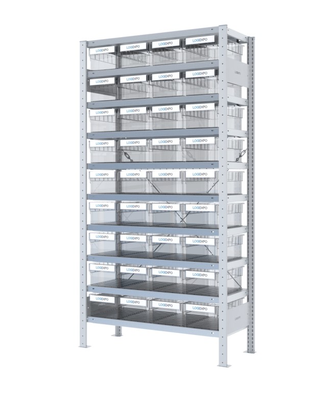 SCAFFALE CON CONTENITORI TRASPARENTI - 36 Cassette estraibili