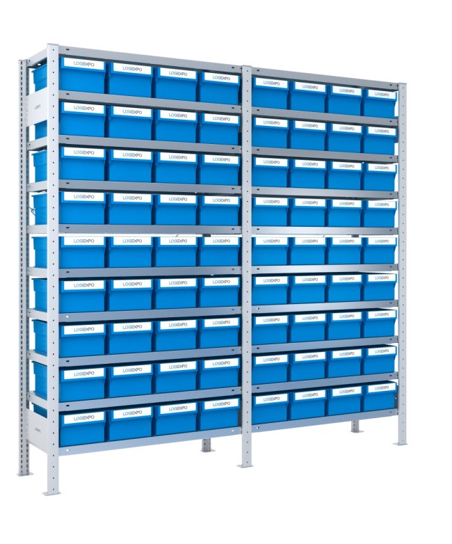 DOPPIO SCAFFALE CON CONTENITORI PORTA MINUTERIE - 72 Cassette estraibili