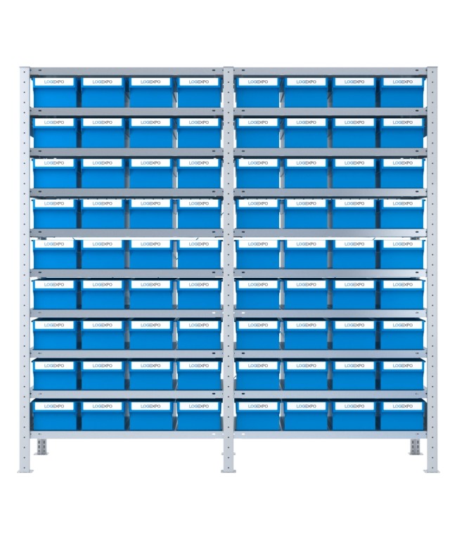 DOPPIO SCAFFALE CON CONTENITORI PORTA MINUTERIE - 72 Cassette estraibili