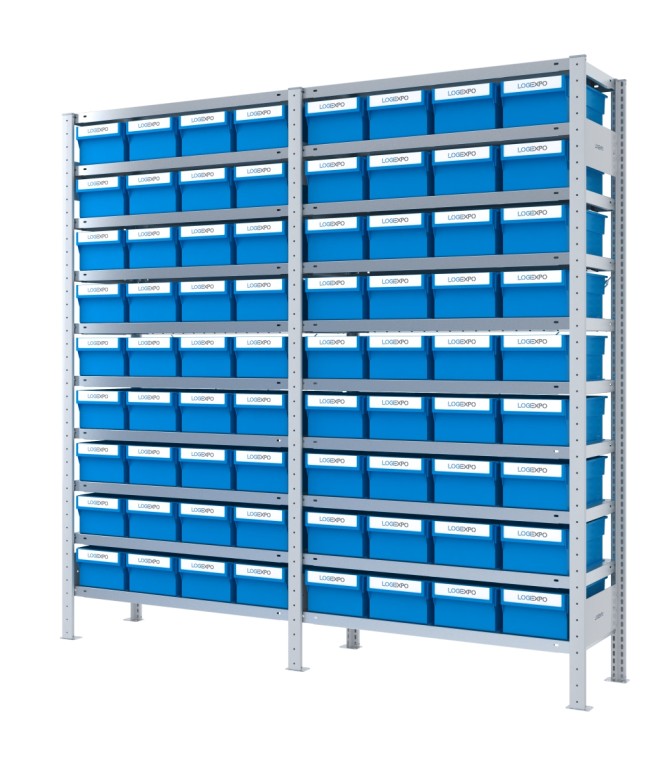 DOPPIO SCAFFALE CON CONTENITORI PORTA MINUTERIE - 72 Cassette estraibili