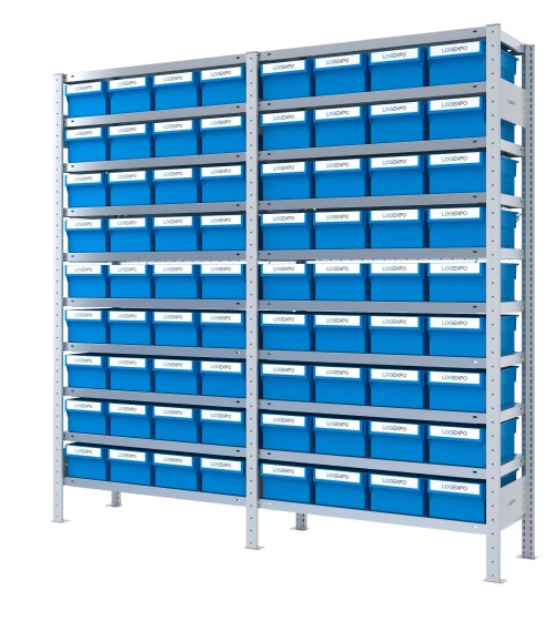 DOPPIO SCAFFALE CON CONTENITORI PORTA MINUTERIE - 72 Cassette estraibili