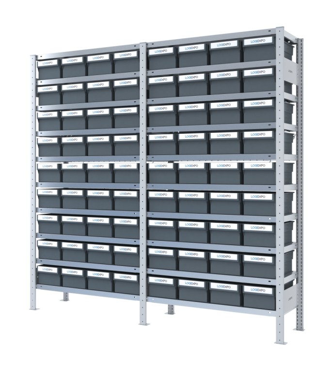 DOPPIO SCAFFALE CON CONTENITORI PORTA MINUTERIE - 72 Cassette estraibili