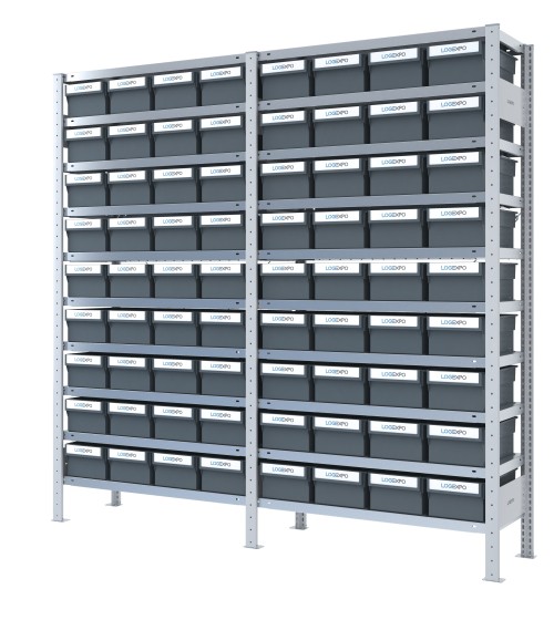 DOPPIO SCAFFALE CON CONTENITORI PORTA MINUTERIE - 72 Cassette estraibili