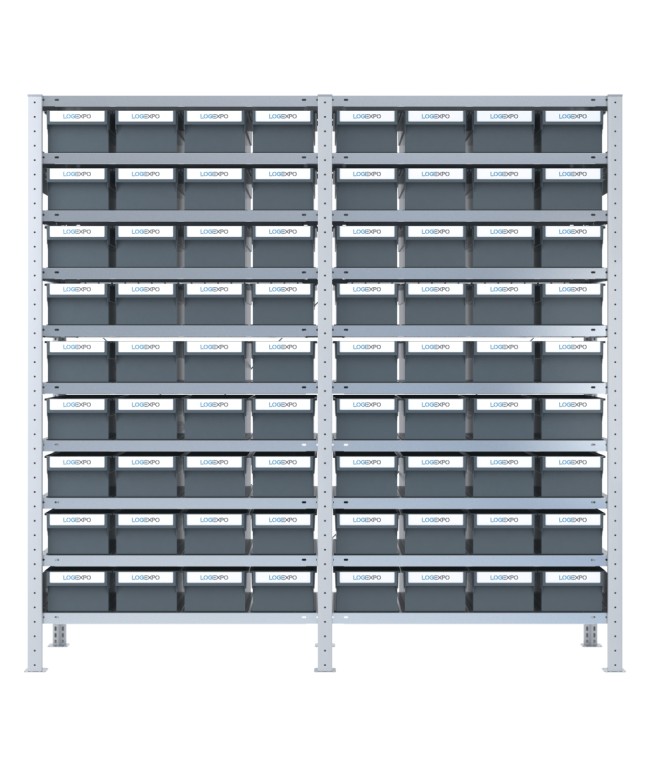DOPPIO SCAFFALE CON CONTENITORI PORTA MINUTERIE - 72 Cassette estraibili