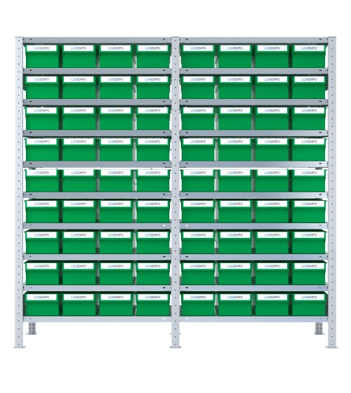 DOPPIO SCAFFALE CON CONTENITORI PORTA MINUTERIE - 72 Cassette estraibili