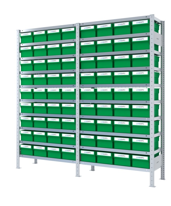 DOPPIO SCAFFALE CON CONTENITORI PORTA MINUTERIE - 72 Cassette estraibili