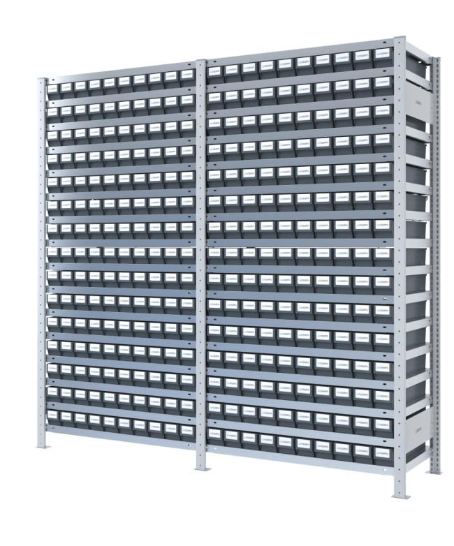 SCAFFALI CON CONTENITORI PORTA MINUTERIA - 300 Cassette estraibili in plastica