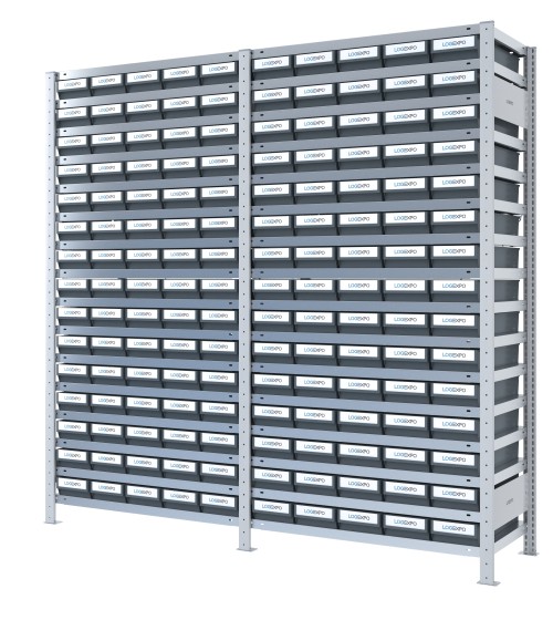 DOPPIO SCAFFALE CON CASSETTE PORTA MINUTERIA - 150 Contenitori estraibili