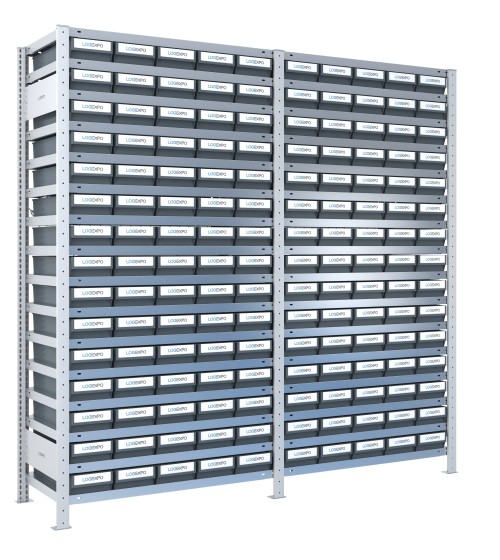 DOPPIO SCAFFALE CON CASSETTE PORTA MINUTERIA - 150 Contenitori estraibili