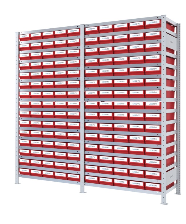 DOPPIO SCAFFALE CON CASSETTE PORTA MINUTERIA - 150 Contenitori estraibili