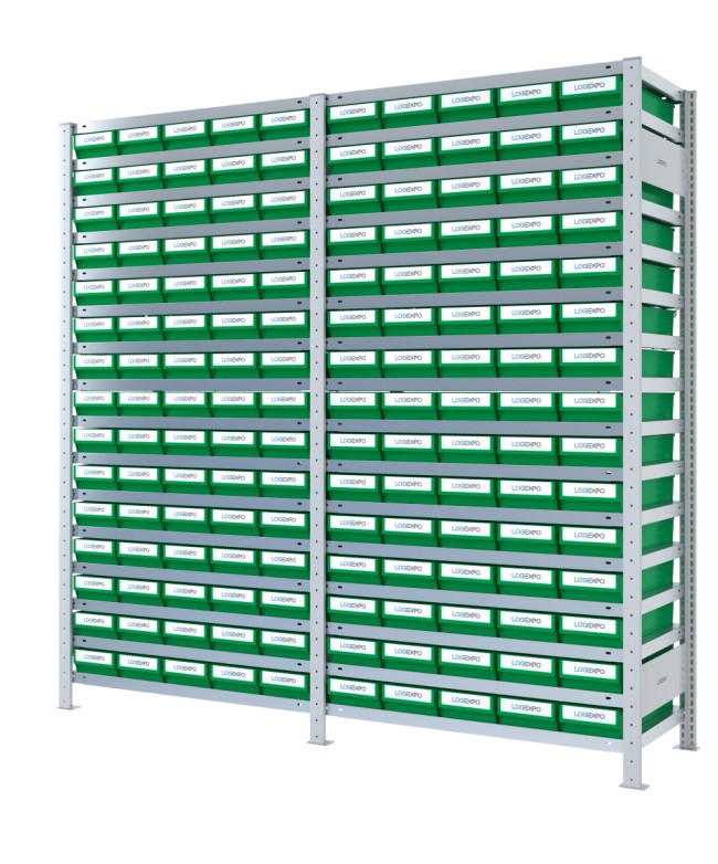 DOPPIO SCAFFALE CON CASSETTE PORTA MINUTERIA - 150 Contenitori estraibili