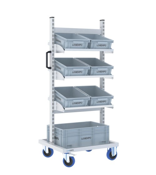 CARRELLO PER PICKING MAGAZZINO con 7 cassette rettangolari in plastica