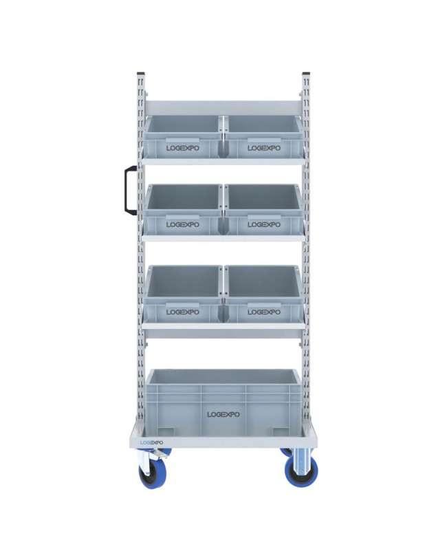 CARRELLO PER PICKING MAGAZZINO con 7 cassette rettangolari in plastica